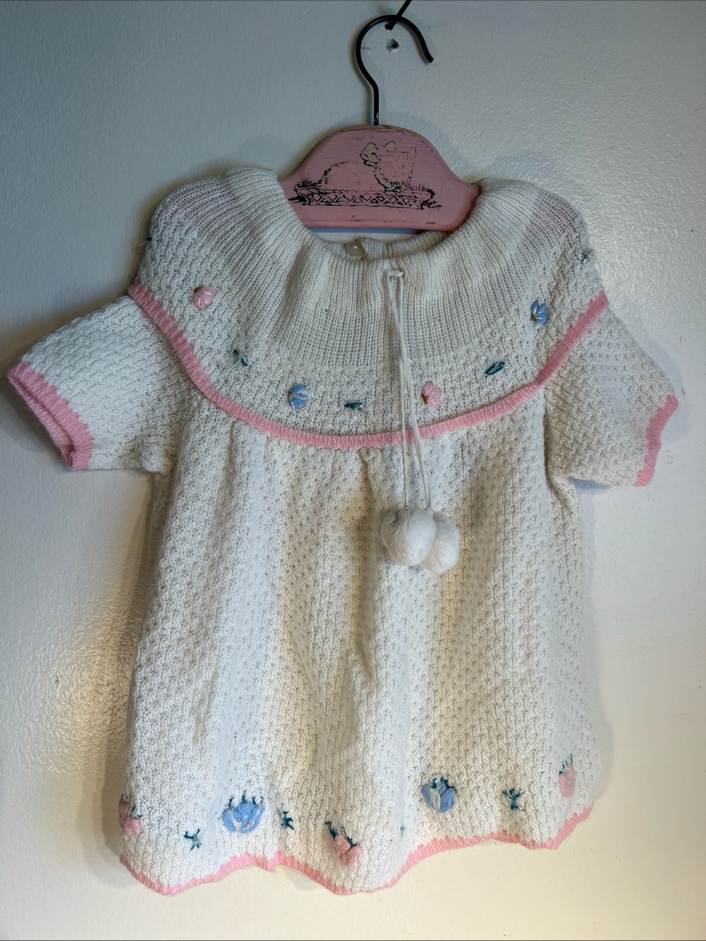 Vintage Baby White Knit Dress with Embroidered Pink & Blue Flowers and Pom Poms